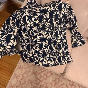 Navy and White Women's Blouse